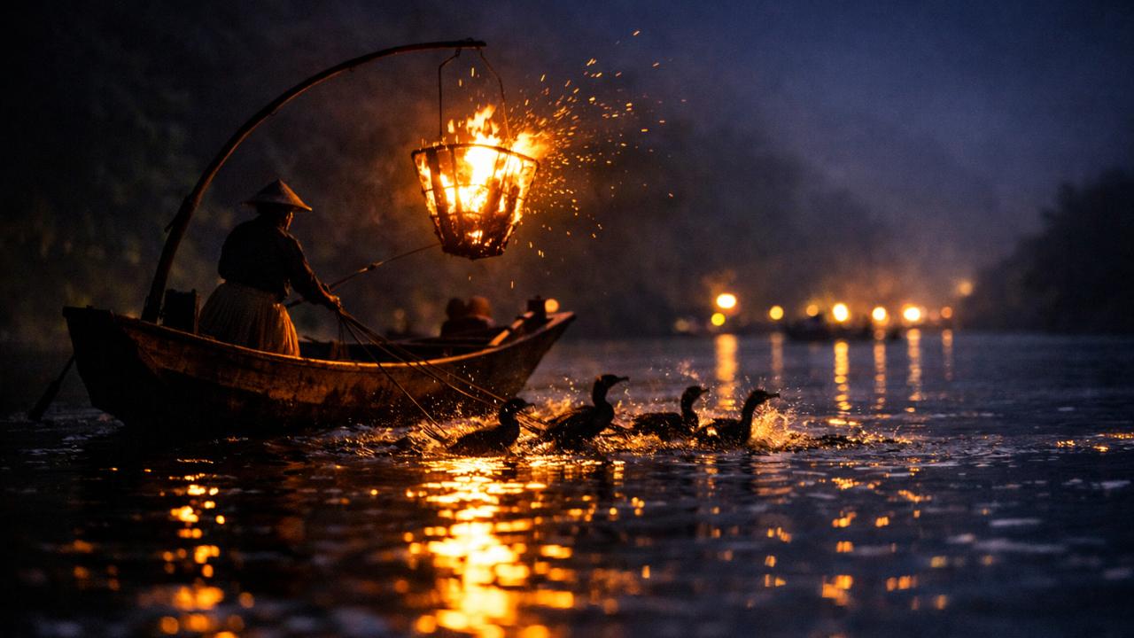 （鵜飼）：夜の川面、篝火の光、舟のシルエット、幻想的な写真風