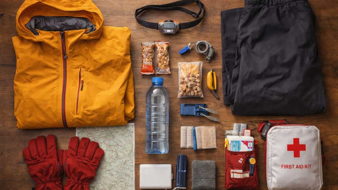 登山初心者の必携装備を机に整然と並べたフラットレイ、レインウェア上下、ヘッドライト、地図、行動食、水、救急セット、グローブ