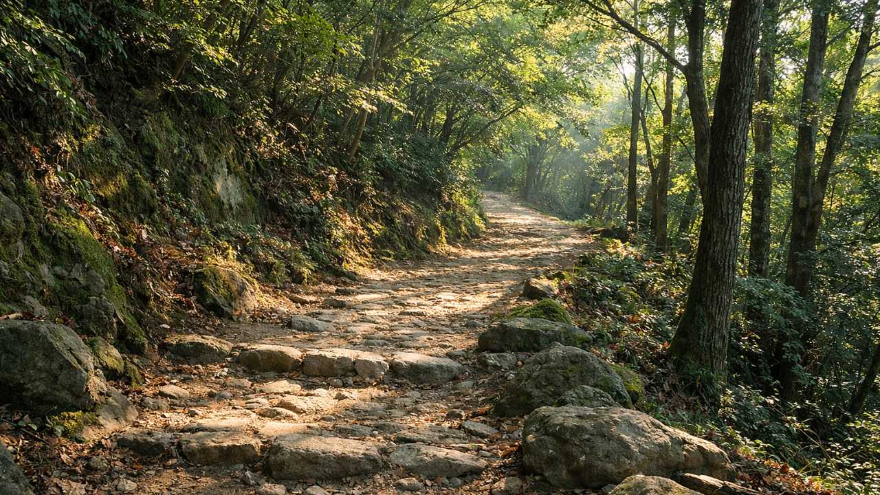 めい想の小径の道）生成プロンプト：めい想の小径らしい木漏れ日の登山道
