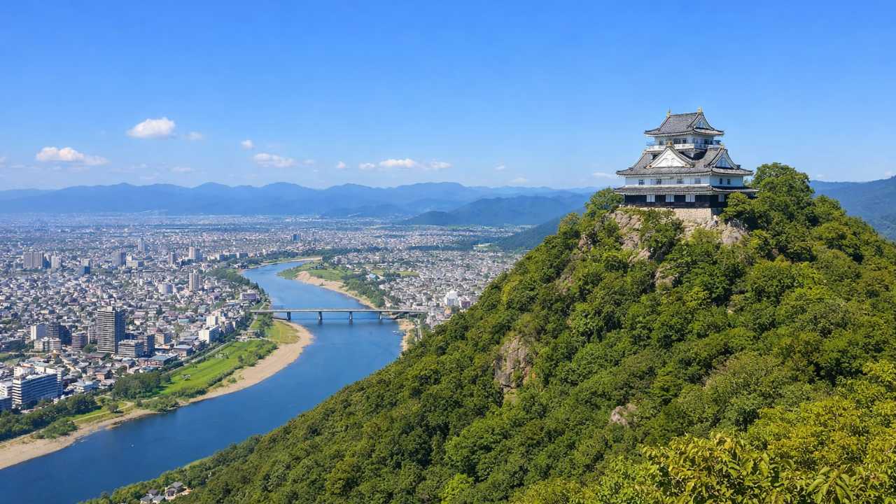 岐阜市の金華山と岐阜城、長良川を見下ろす構図