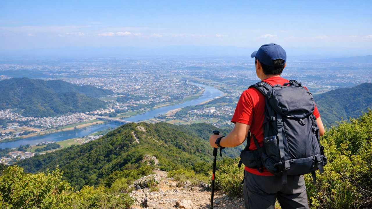各務原アルプス、晴天の低山稜線、濃尾平野を見下ろす広い展望