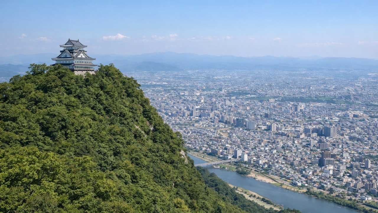 晴れた昼、金華山の緑と岐阜城天守を遠景で捉え、岐阜市街と長良川がうっすら見える構図