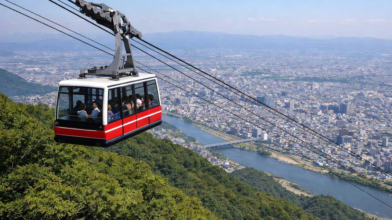 金華山ロープウェーのゴンドラが森の上を進み、眼下に岐阜市街が広がる構図
