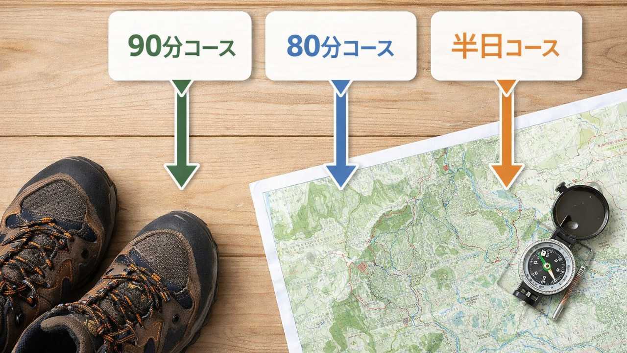 シンプルなハイキングコース比較イメージ、登山靴と地図とコンパスを俯瞰で配置