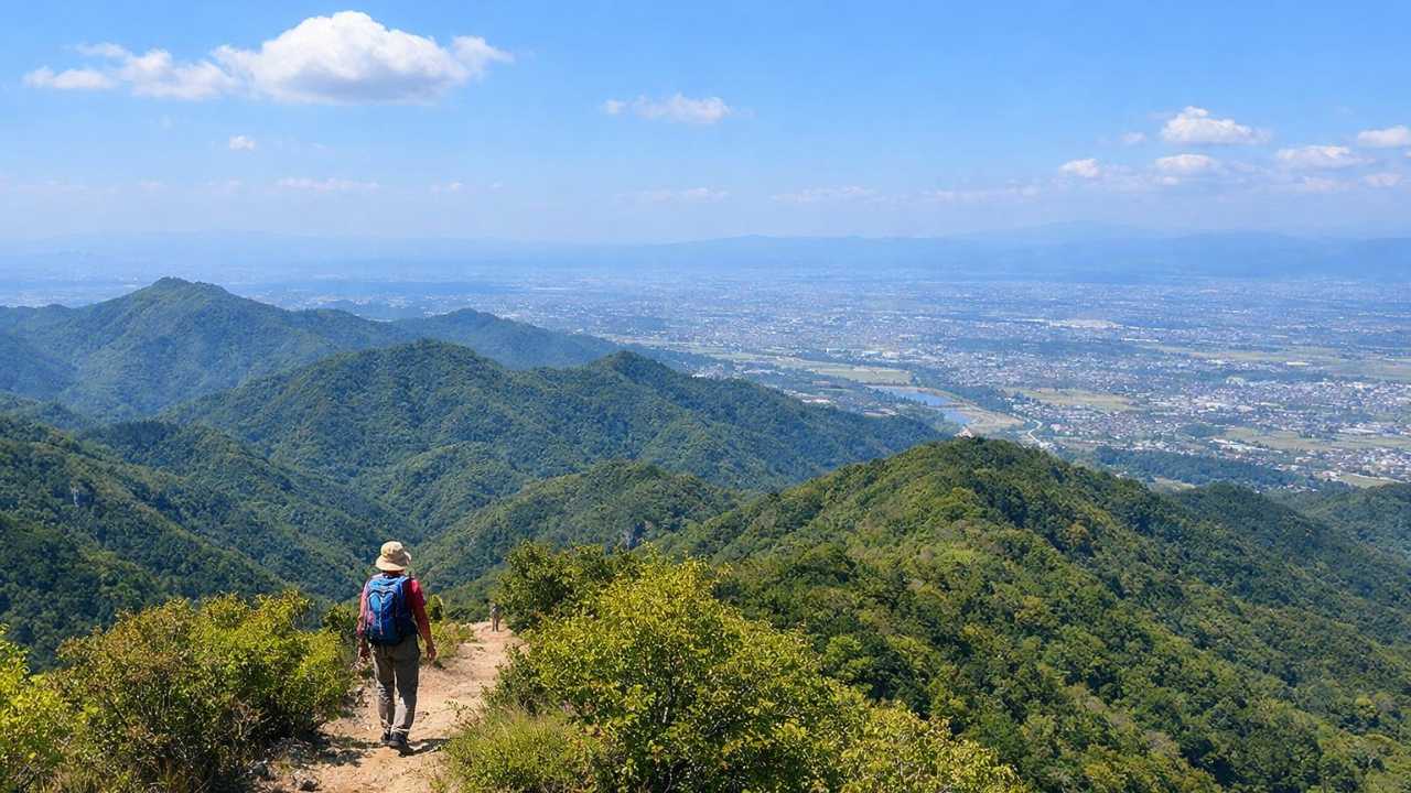 岐阜県の里山の稜線が連なる風景、晴天、遠景に平野