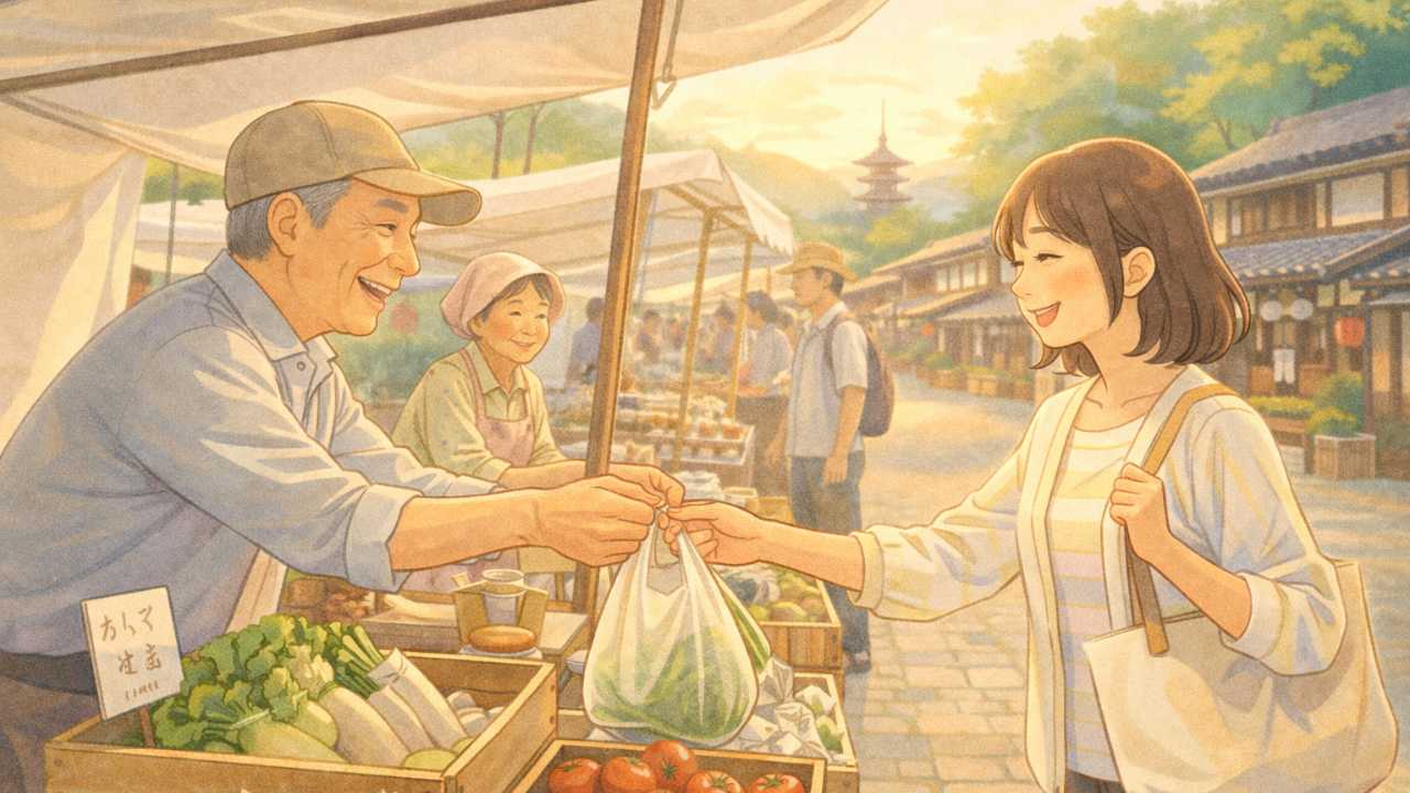 朝の市場のあたたかい雰囲気の写真風イラスト