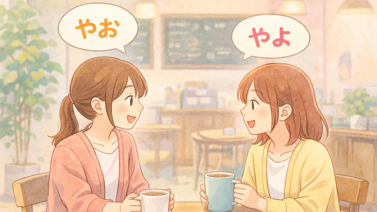 カフェで2人が会話しているイラスト、吹き出しに「やお」「やよ」が小さく入る