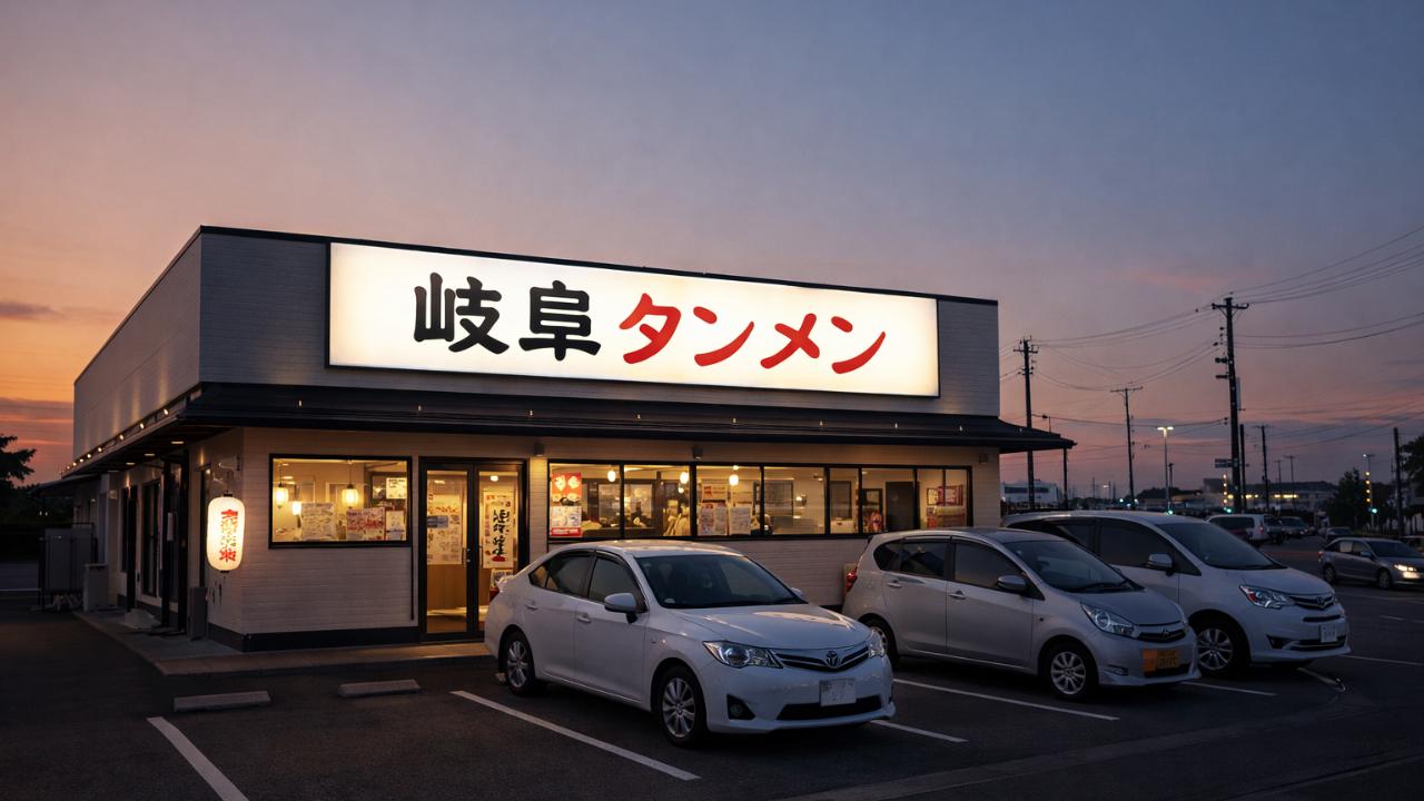 「ロードサイドのラーメン店外観、看板に“岐阜タンメン”とある雰囲気