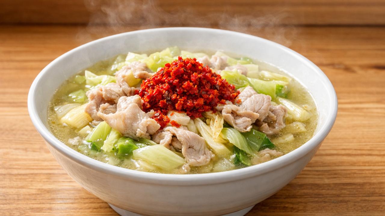 岐阜タンメンの一杯、塩だしスープ、白菜とキャベツ、豚肉、中央に赤い辛味