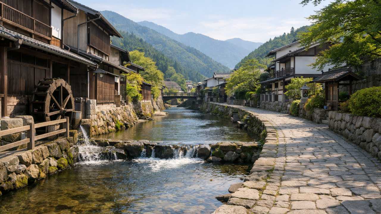 郡上八幡の城下町を流れる水路と石畳