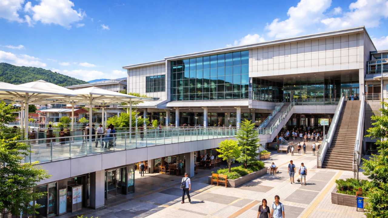 多治見駅前の近代的な駅舎とペデストリアンデッキ