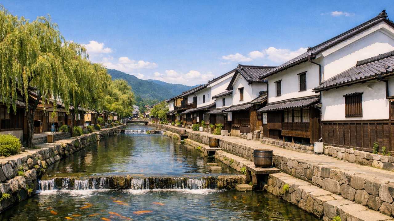 岐阜県 飛騨古川の町並み、瀬戸川沿いの白壁土蔵街