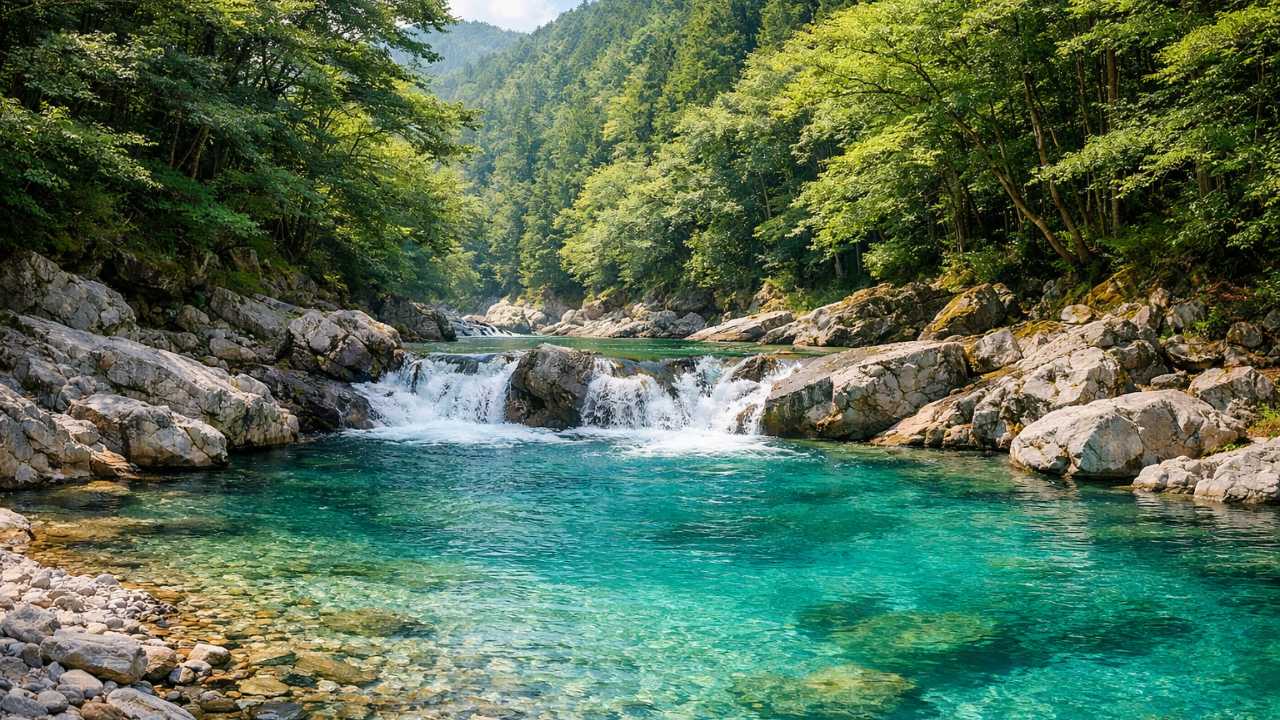 付知峡のエメラルドブルーの清流と深い森