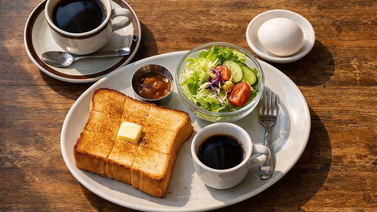 レトロ喫茶のモーニングセット（トースト、サラダ、ゆで卵、コーヒー）