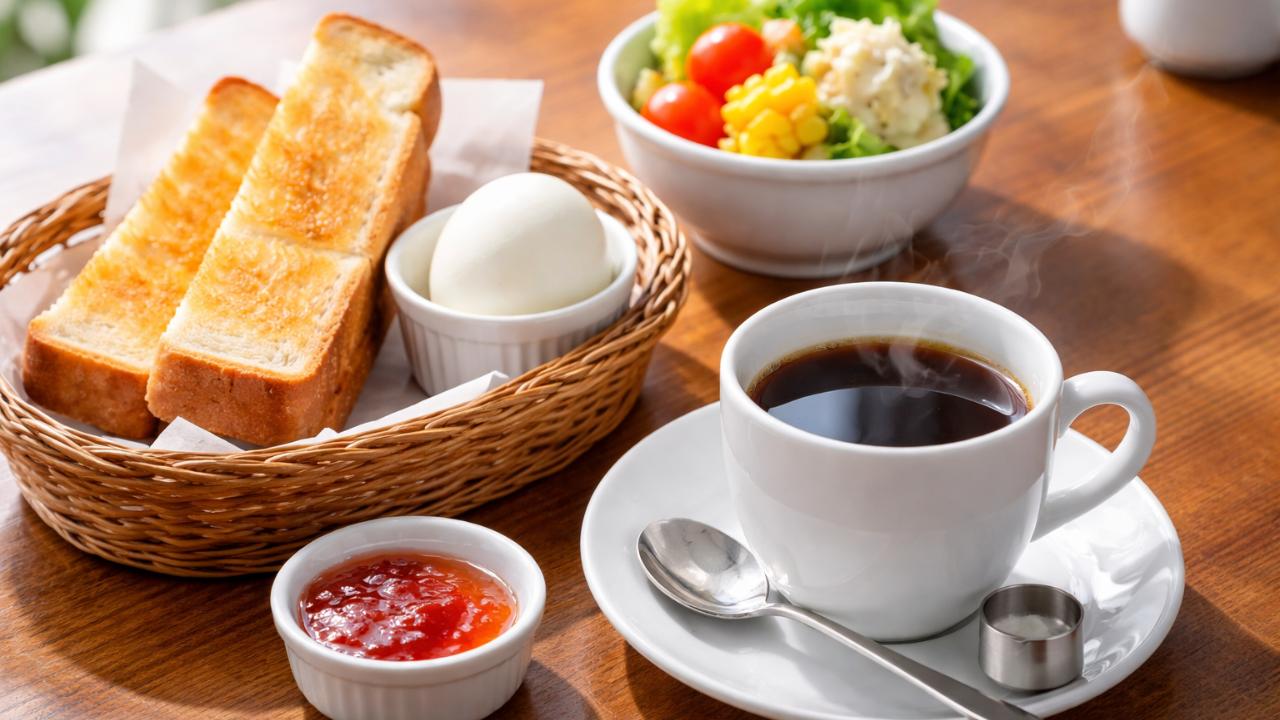 岐阜の喫茶店の朝をイメージした、コーヒーとトーストとゆで卵が並ぶ木目テーブル