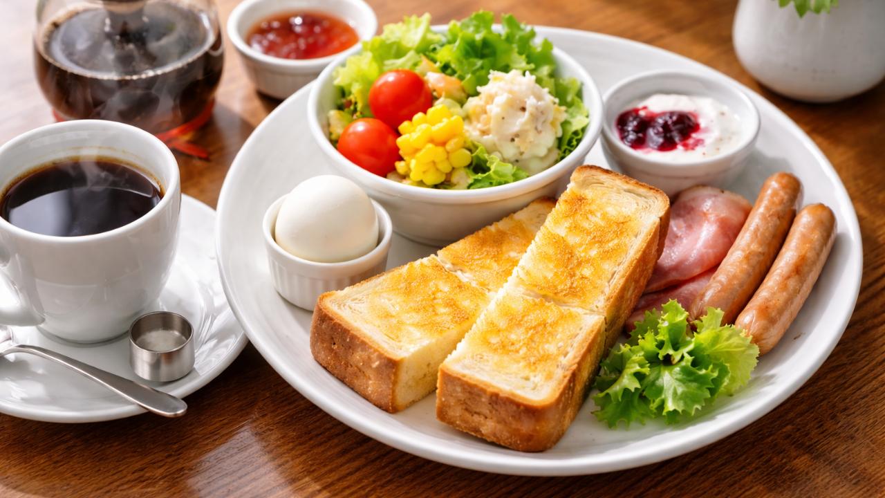 自家焙煎コーヒーの湯気、サラダ付きモーニングプレートの俯瞰写真風