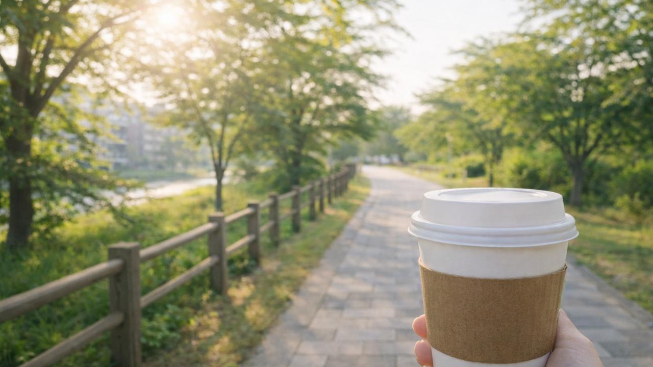 朝の散歩道とテイクアウトカップ