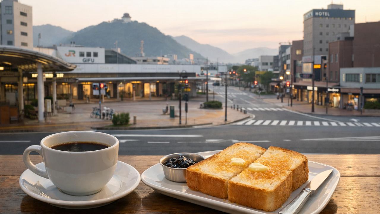 岐阜県の朝の街並み、駅前の落ち着いた雰囲気、コーヒーとトーストを手前に配置