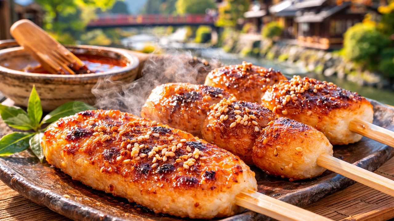 炭火で香ばしく焼かれた五平餅を手前に大きく配置し、背景には岐阜・東濃らしい落ち着いた町並み