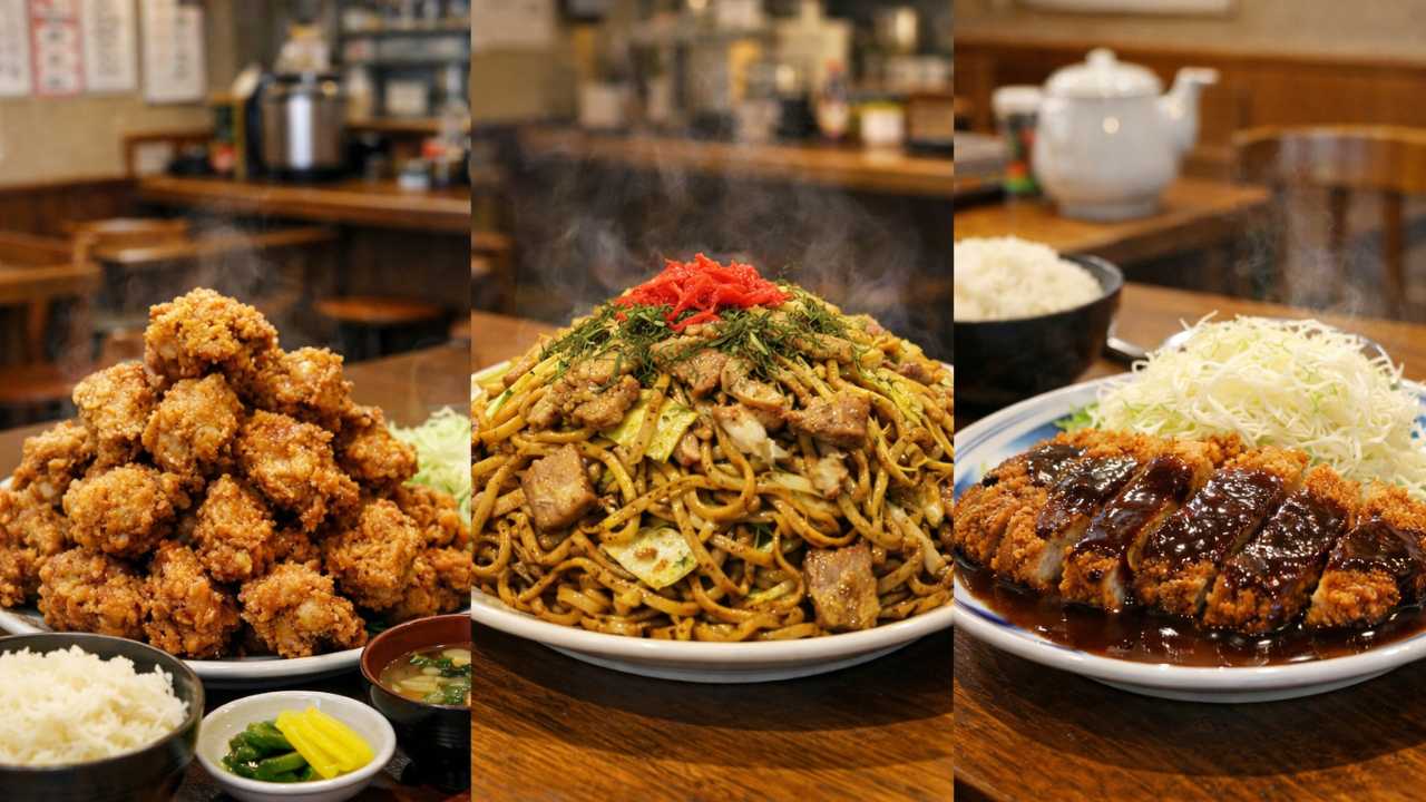 岐阜市のデカ盛り特集記事向けに、定食系・チャレンジ系・老舗系の違いが伝わる料理写真コラージュ、唐揚げ定食、焼きそば大皿、味噌かつ定食