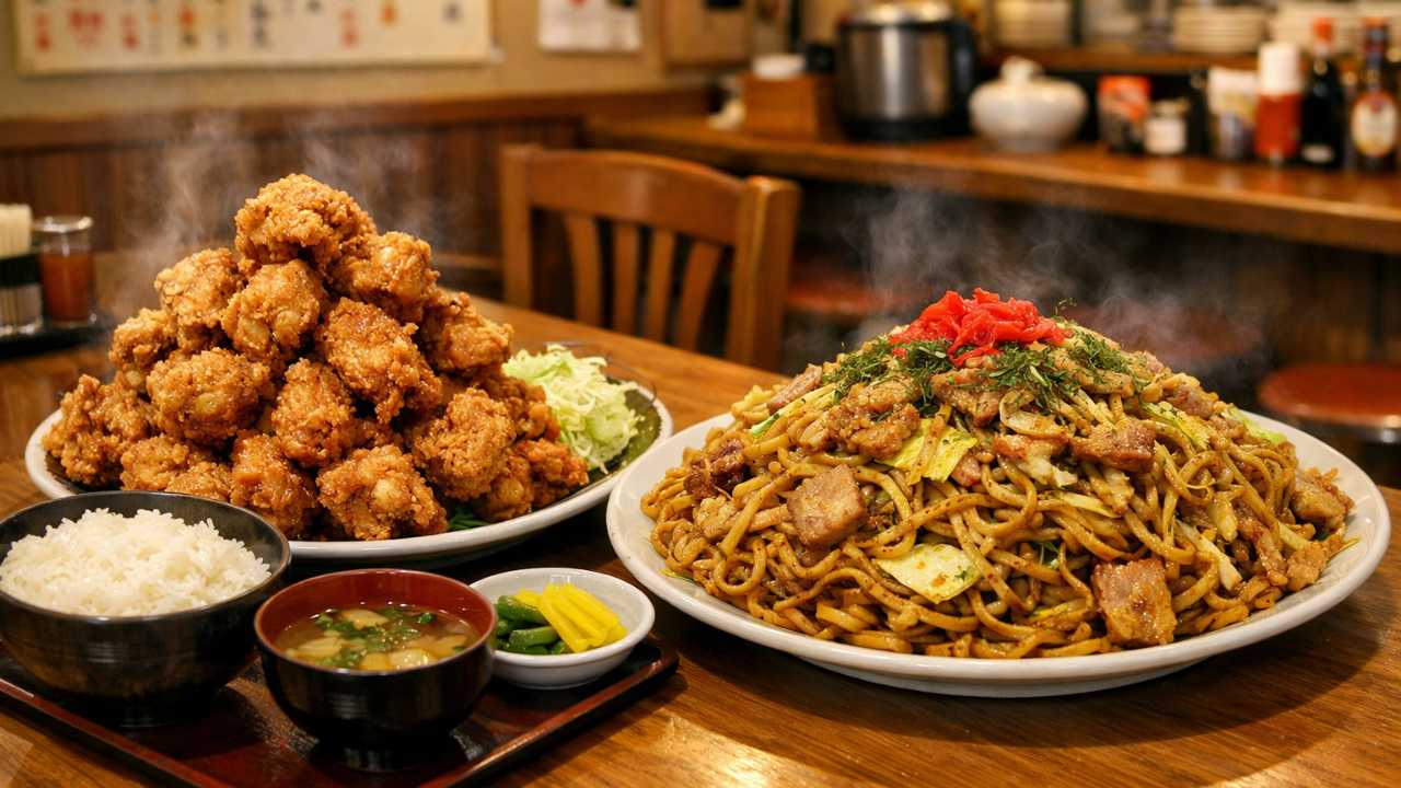 岐阜市の大衆食堂をイメージした明るい店内で、山盛りの唐揚げ定食と大皿焼きそばが並ぶ、食欲をそそる日本のデカ盛りグルメ写真風