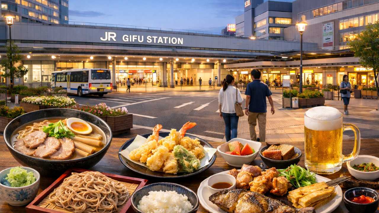 JR岐阜駅周辺の都市感と、ラーメン、そば、定食、居酒屋メニューなど手頃な食事の雰囲気が伝わる構図