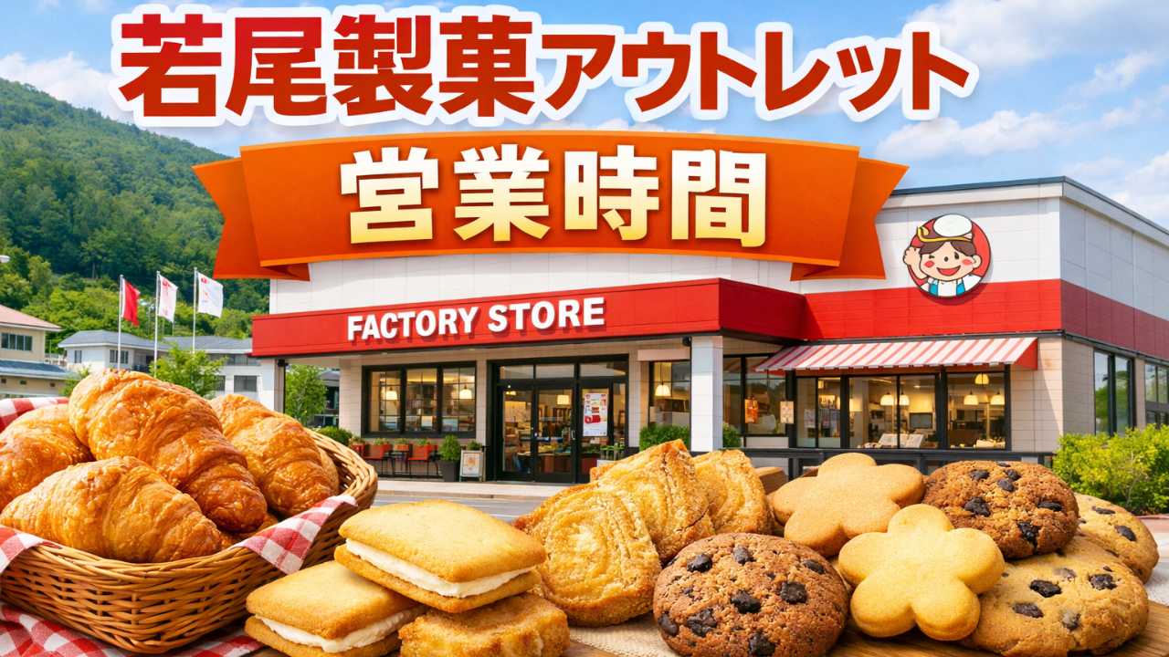 岐阜県の工場直売お菓子店をイメージした明るい外観と、クッキー・パイ・ラングドシャなどの焼き菓子を自然に配置したブログ用アイキャッチ