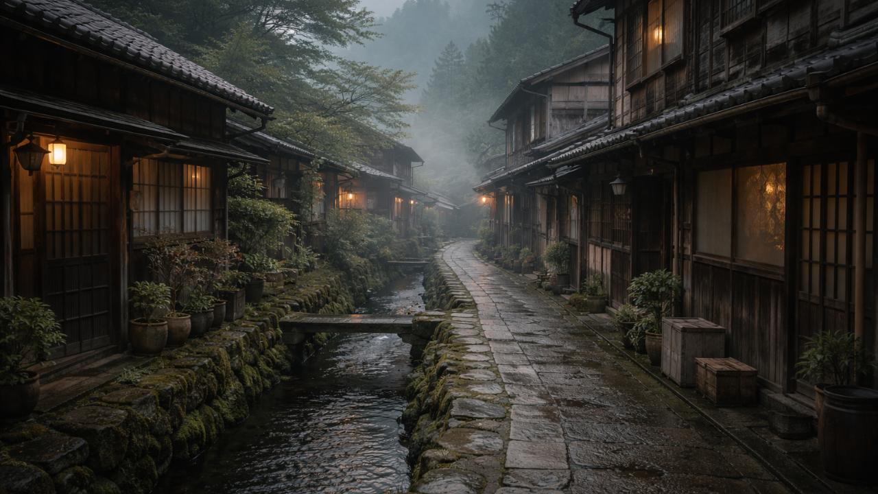 霧が立ちこめそうなサイレントヒルf空気感を持つ、昭和レトロな日本の山あいの町の細い路地