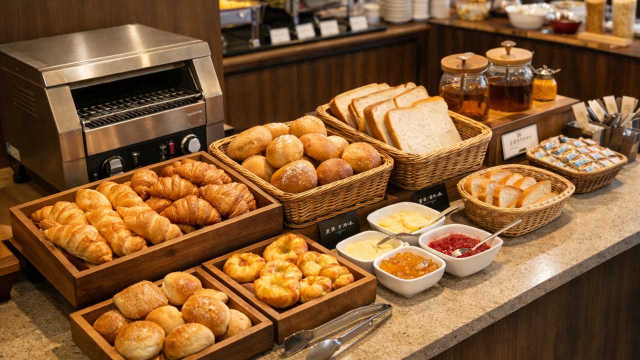 大垣 モーニング　クインテッサホテル大垣の朝食ブッフェを連想させるパンコーナー写真