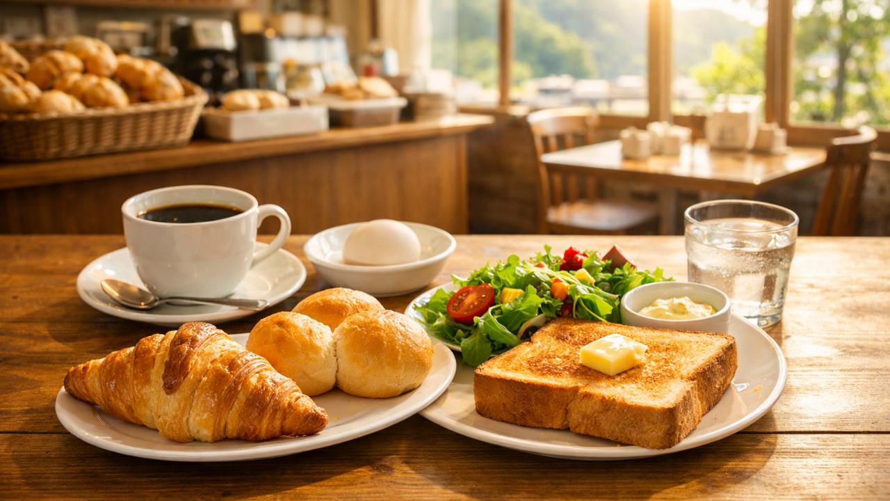 岐阜の朝を感じるベーカリーカフェの店内。木のテーブルの上に焼きたてクロワッサン、ロールパン、トースト、サラダ、コーヒー