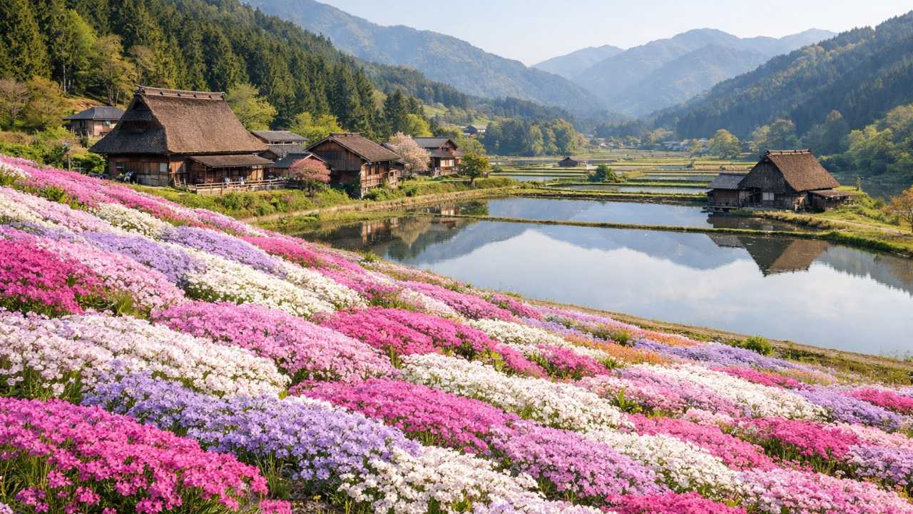 岐阜県郡上市明宝で春に咲き広がる國田家の芝桜の全景