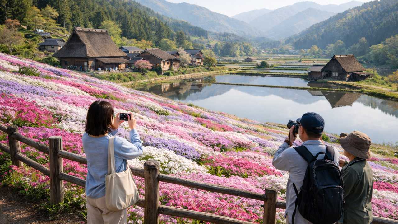 國田家の芝桜を楽しむ来訪者の様子