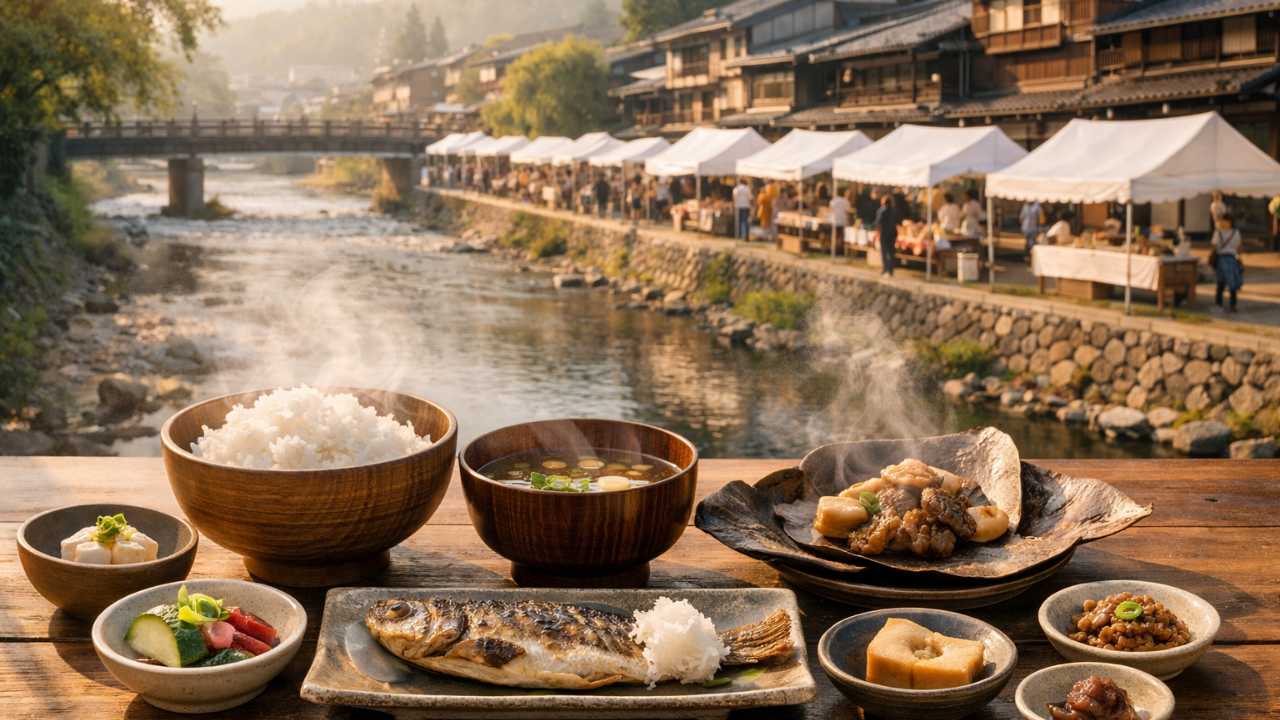 宮川朝市の白いテントが並ぶ川沿いの風景を背景に、手前には湯気の立つ温かい朝食