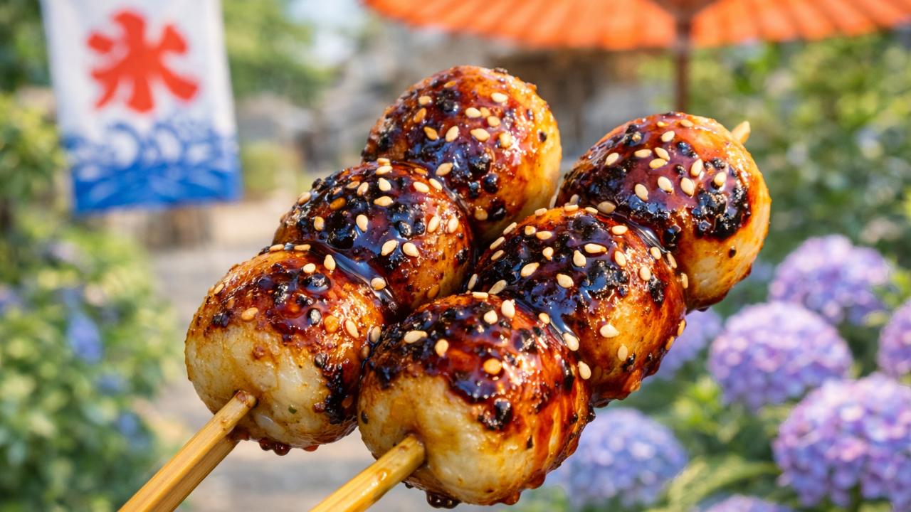 羽島名物みそぎ団子の焼き目と味噌だれが分かる接写