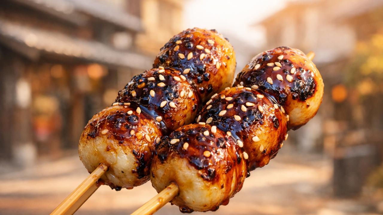 羽島名物みそぎ団子の焼き目と味噌だれが分かる接写