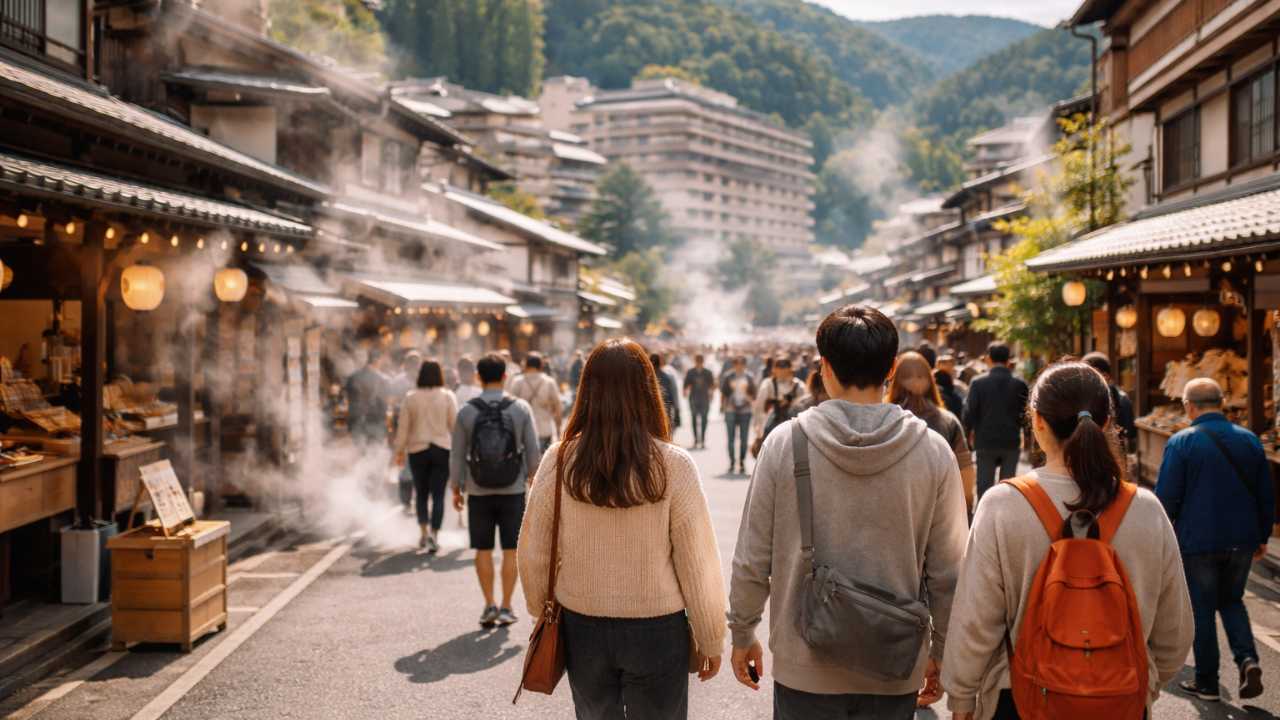 下呂温泉の食べ歩きに適した時間帯を温泉街の散策風景で紹介するイメージ