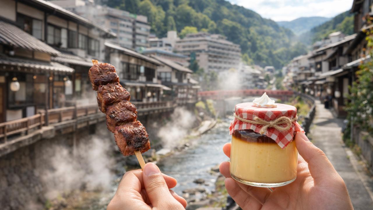 下呂温泉の温泉街を背景に、手前に飛騨牛串とプリンを持った観光イメージ