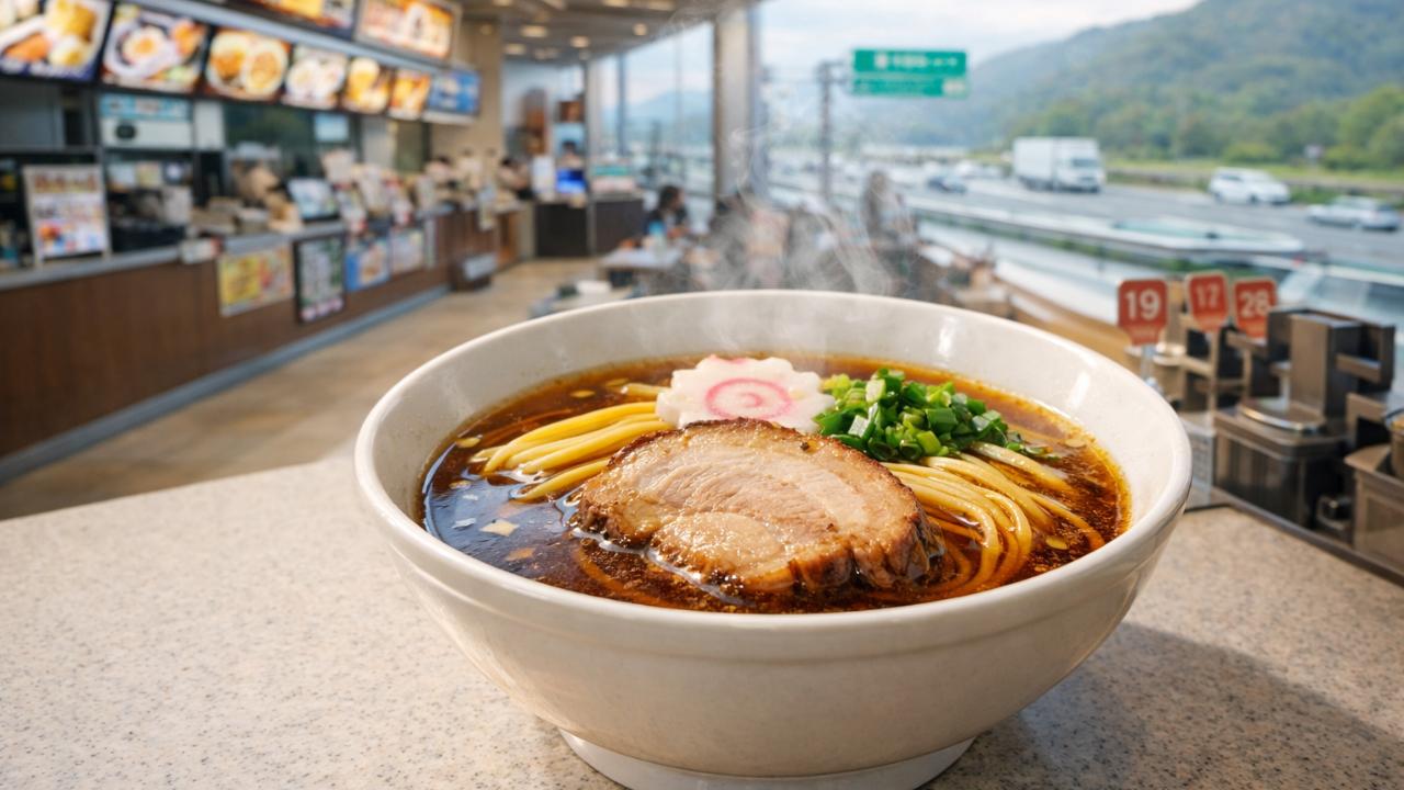 高速道路や移動途中に立ち寄れる岐阜の朝ラーメンを表すSAフードコートの写真