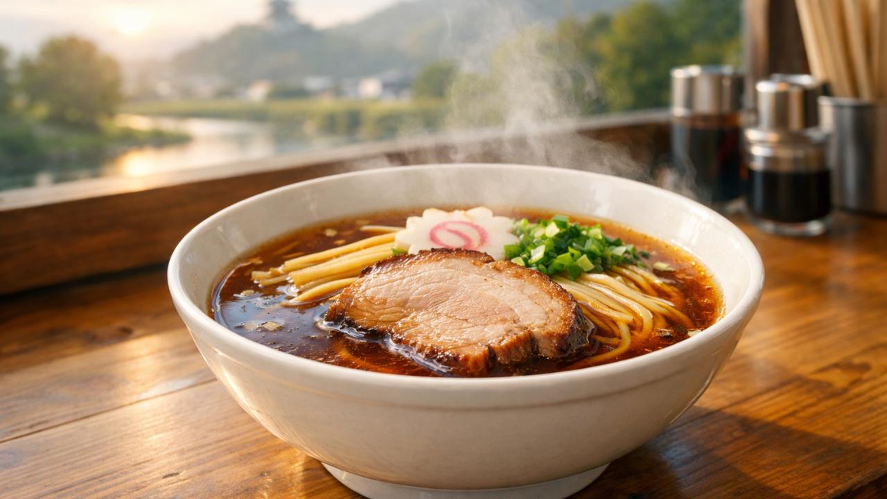 岐阜の朝を感じるラーメンのアイキャッチ。朝のやわらかい自然光、湯気が立つ醤油ラーメン、艶のあるスープ、整った麺線、厚みのあるチャーシュー、木目のカウンター、奥に少しだけ見える岐阜らしい郊外の朝景色