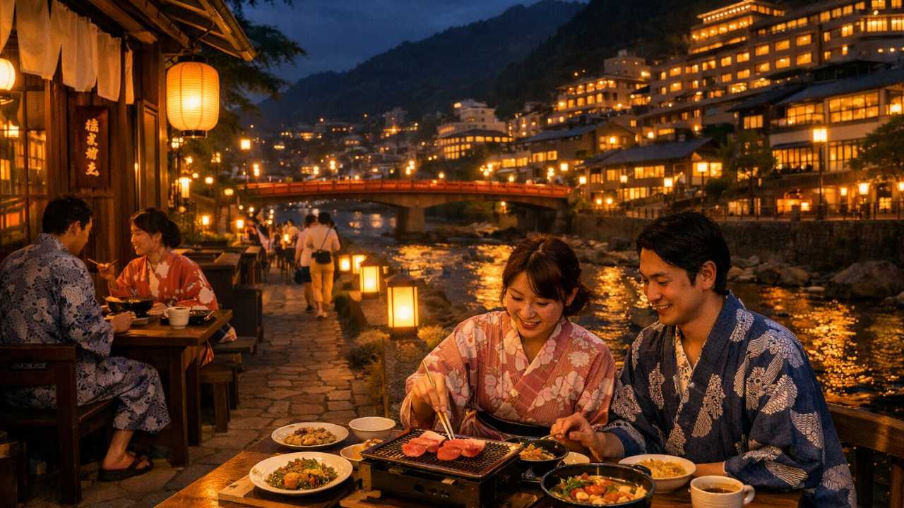 下呂温泉の夜の温泉街、川沿いの灯り、浴衣客、飛騨牛や郷土料理の温かい雰囲気