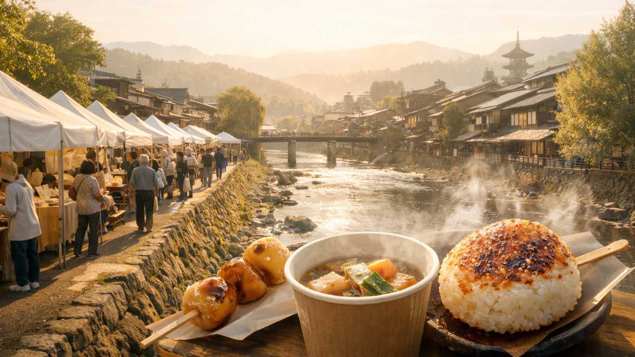 宮川朝市の朝ごはんを楽しむ高山観光の朝。宮川沿いの朝市、食べ歩きグルメ