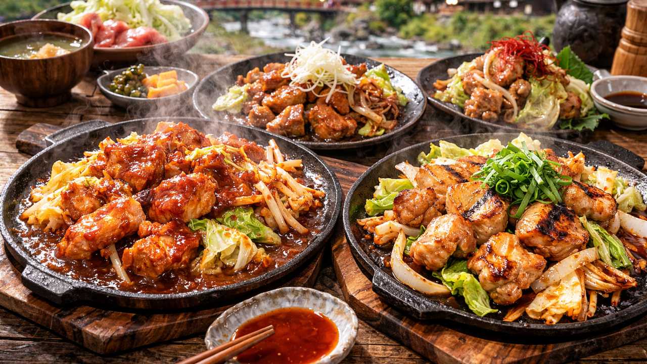 郡上・明宝エリアで食べ比べできる複数のけいちゃんを並べた比較イメージ。味噌味と醤油味の違いが見てわかる構図