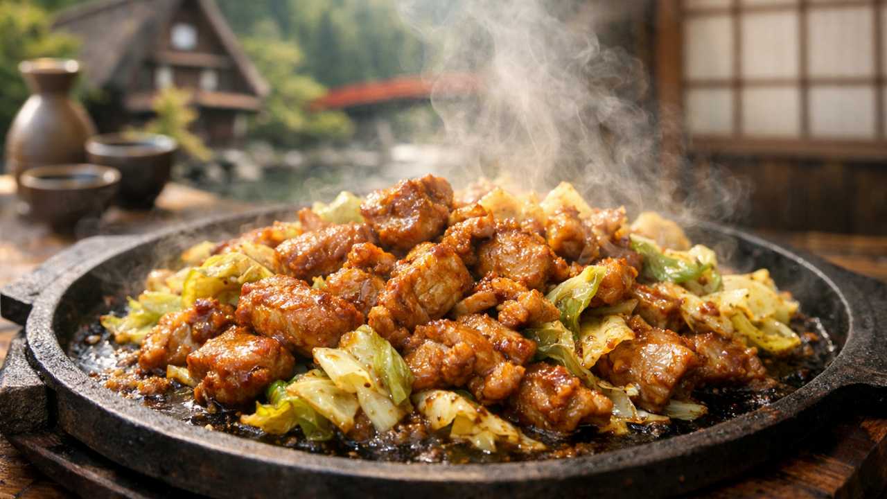 岐阜の郷土料理「けいちゃん」をテーマ鉄板の上で味噌だれに絡んだ鶏肉とキャベツが香ばしく焼けている