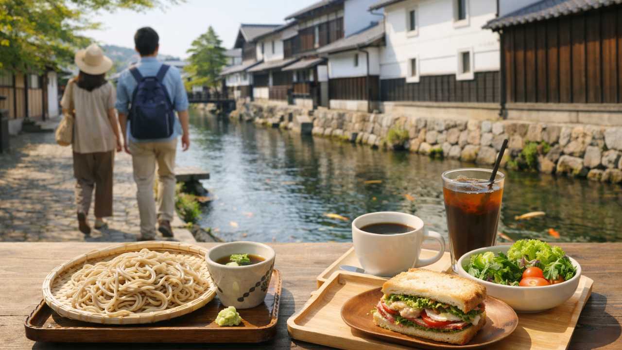 飛騨古川の古い町並みを歩く観光客と、手打ちそばやカフェランチの要素を組み合わせたやさしい旅行メディア風ビジュアル