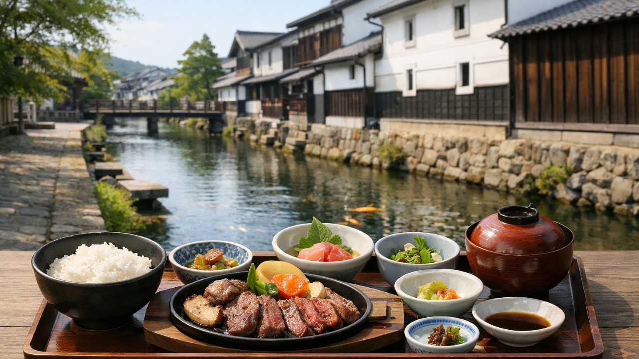 飛騨古川の瀬戸川と白壁土蔵街を背景に、手前に上品な飛騨牛ランチを配置