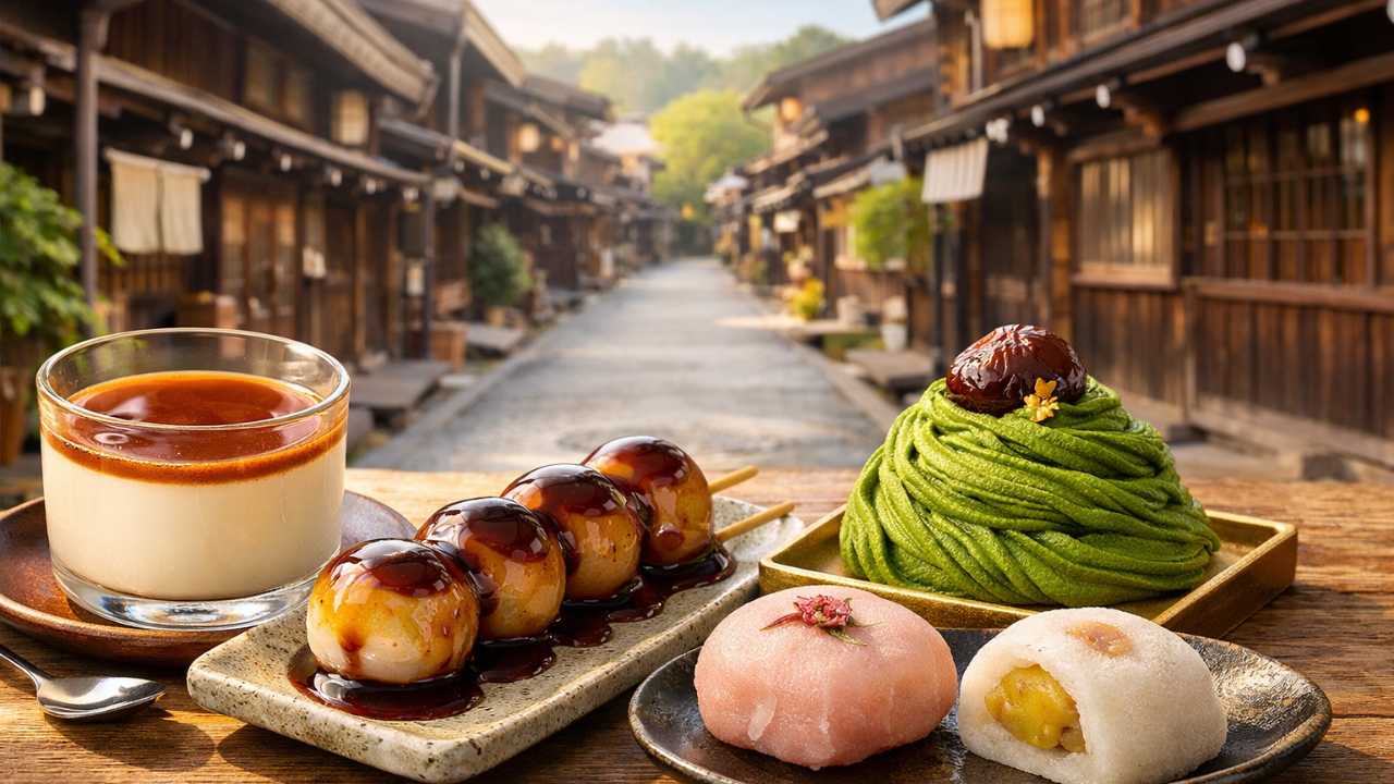 飛騨高山の古い町並みを背景にした旅行系グルメアイキャッチ。手前に、なめらかなプリン、醤油だれのみたらし団子、抹茶モンブラン