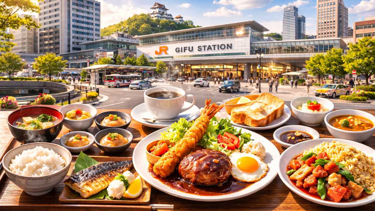 岐阜市で安い・うまいランチを探すブログ記事のアイキャッチ。JR岐阜駅周辺の街並みを背景に、和定食、喫茶ランチ、中華ランチをバランスよく配置