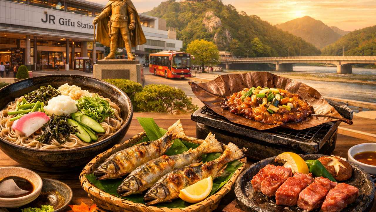 JR岐阜駅周辺を舞台に、岐阜のソウルフードである冷やしたぬき、鮎料理、朴葉みそ、飛騨牛を自然に配置