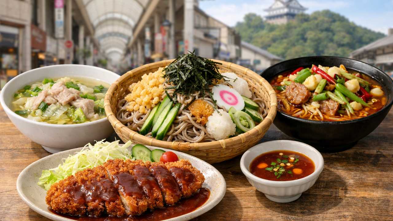 岐阜市のB級グルメ特集のアイキャッチ。中央に冷やしたぬきそば、右にベトコンラーメン、左に岐阜タンメン、手前にみそかつを配置