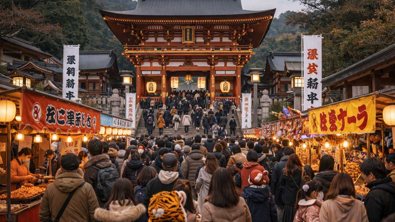 初詣シーズンに賑わう伊奈波神社の参道